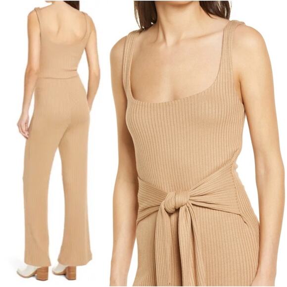 Reformation Kazu Jumpsuit Small Brown Tan Wide Leg Ribbed Knit One Piece Neutral - Picture 16 of 16